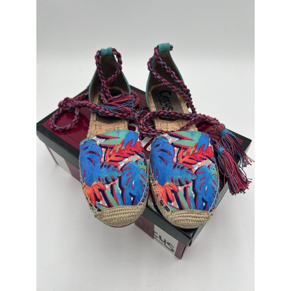 Circus Sam Edelman Boho Espadrille 8.5M Tropical Print Ankle Tie Tassel Festival - Picture 2 of 9